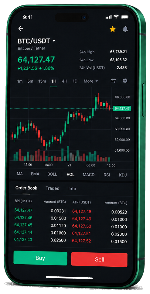 Pantalla móvil de trading de Peru Legacy — cotizaciones BTC/USDT en vivo, libro de órdenes y funciones para gestionar operaciones